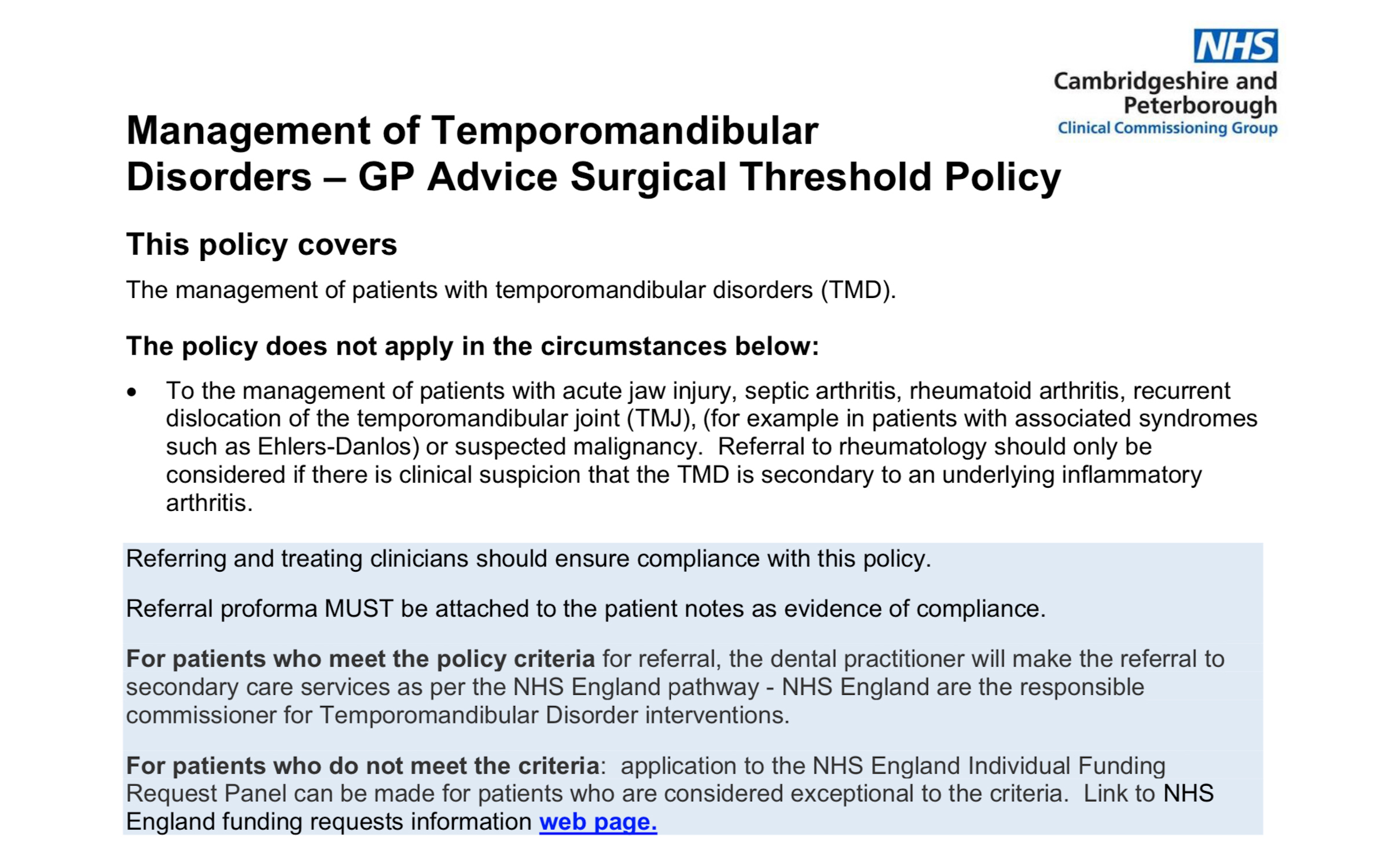 Management of Temporomandibular Disorders – GP Advice Surgical Threshold Policy